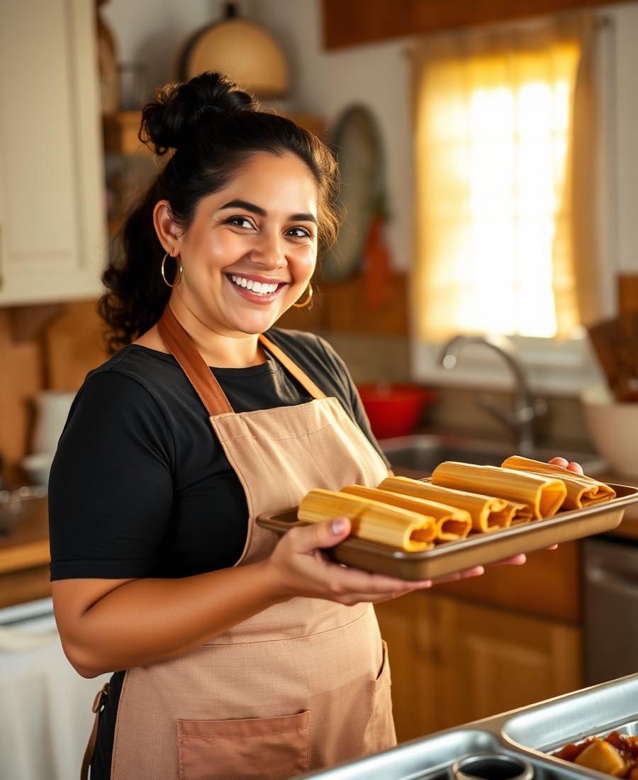 Home baker holding tray of fresh tamales